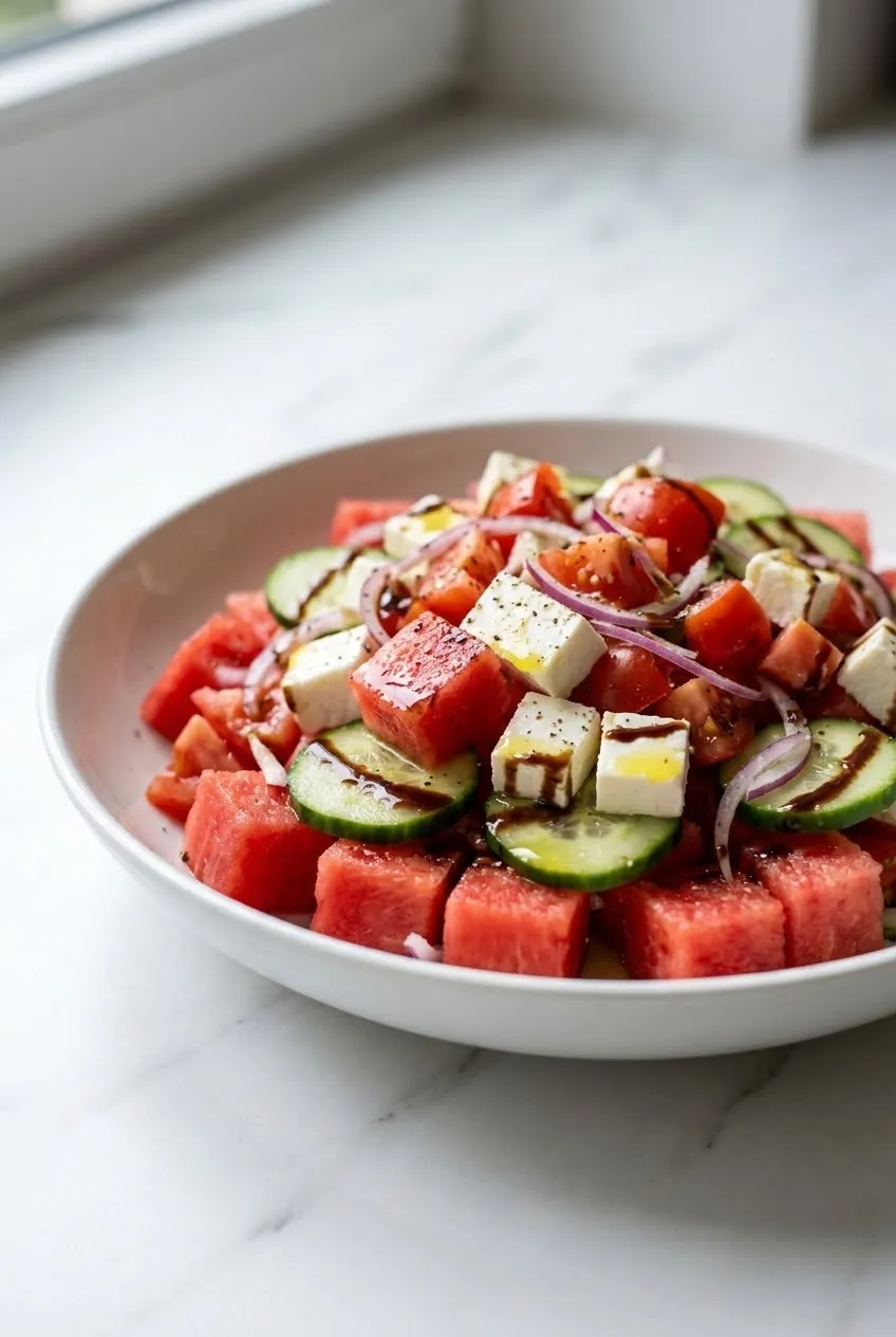 Wassermelonensalat mit Feta kohlenhydratarm — Erfrischender Mix aus roter Melone, Gurkenscheiben und Schafskäse