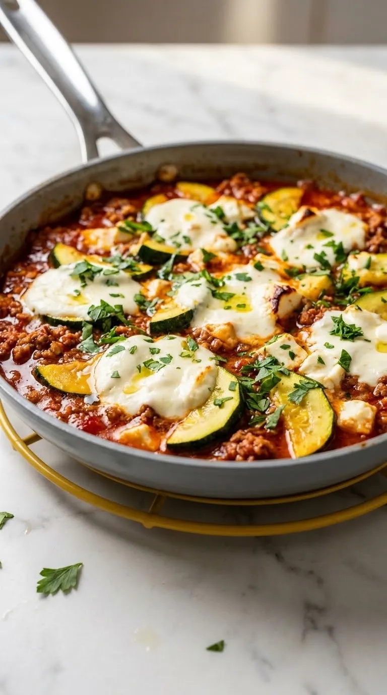 Zucchini-Hackfleisch-Pfanne aus der Froschperspektive — Tiefe Perspektive, die das Brutzeln des Hackfleischs und Feta betont.