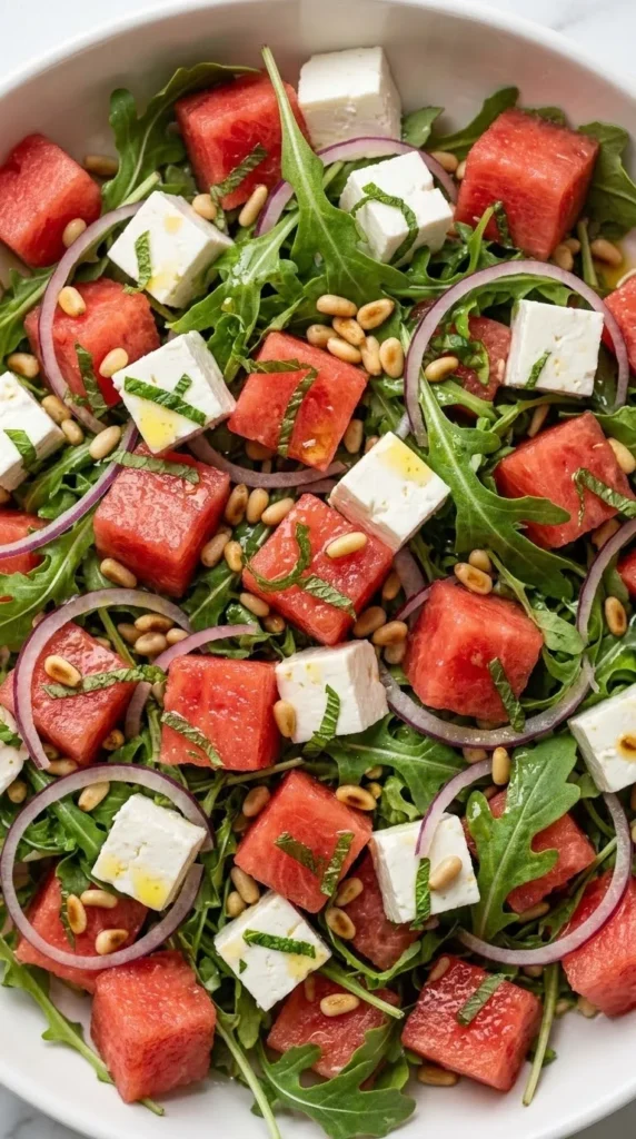 Nahaufnahme von Wassermelonensalat mit Feta — Saftige Fruchttextur, pfeffriger Rucola und Schafskäse mit Minzstreifen
