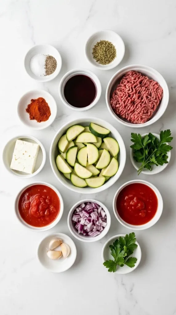 Zutaten für Zucchini-Hackfleisch-Pfanne mit Feta: Frische Zucchini, Rinderhackfleisch, Feta-Block, rote Zwiebeln und stückige Tomaten.
