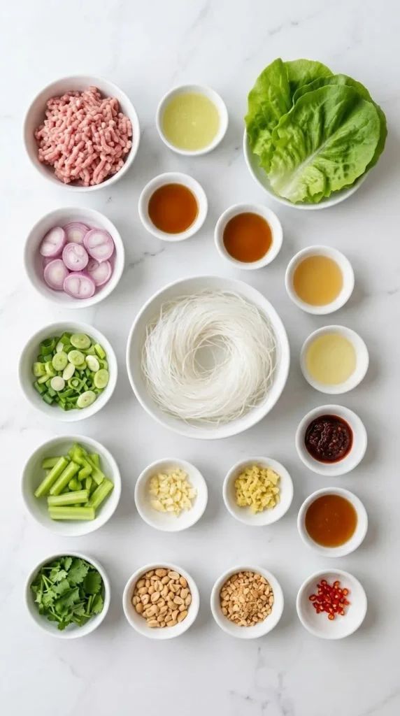 Zutaten für Thai-Glasnudelsalat: Glasnudeln, Schweinehackfleisch, Schalotten, Frühlingszwiebeln und Fischsauce