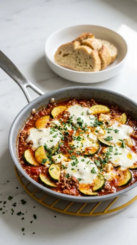 Zucchini-Hackfleisch-Pfanne serviert mit Keto-Knoblauchbrot — Pfannengericht direkt neben einer röstfrischen kohlenhydratarmen Brotscheibe.