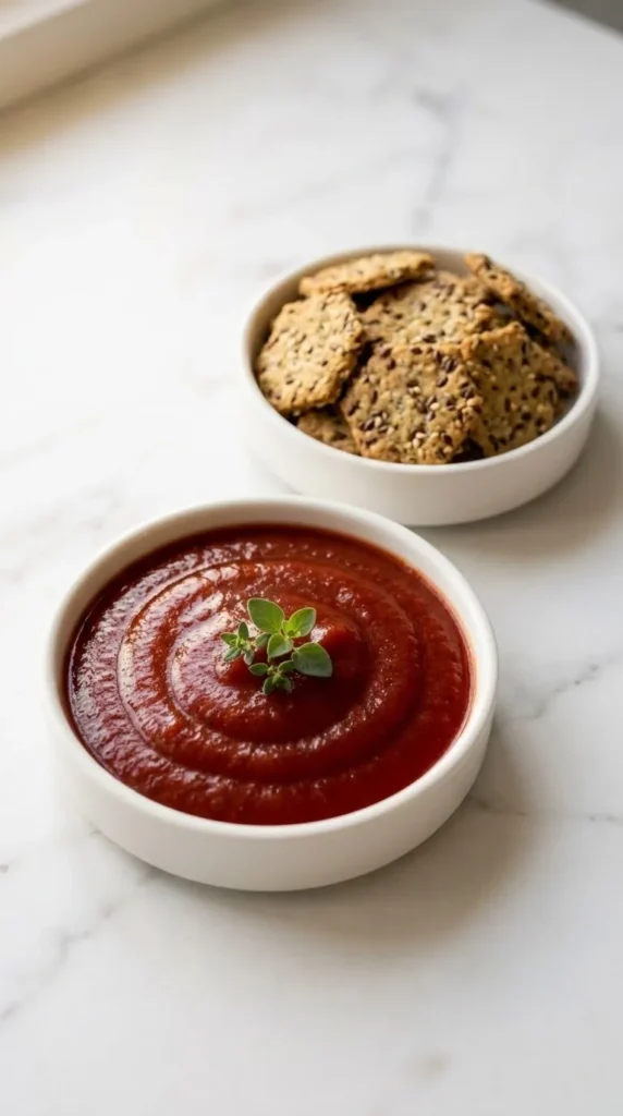 selbst gemachter Ketchup serviert mit Low-Carb Cracker — Hausgemachtes Saucenszenario auf hellem Naturstein