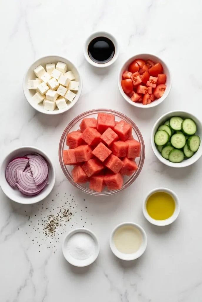 Zutaten für Wassermelonensalat mit Feta: Wassermelone, Schafskäse, Gurke und kleine Tomaten
