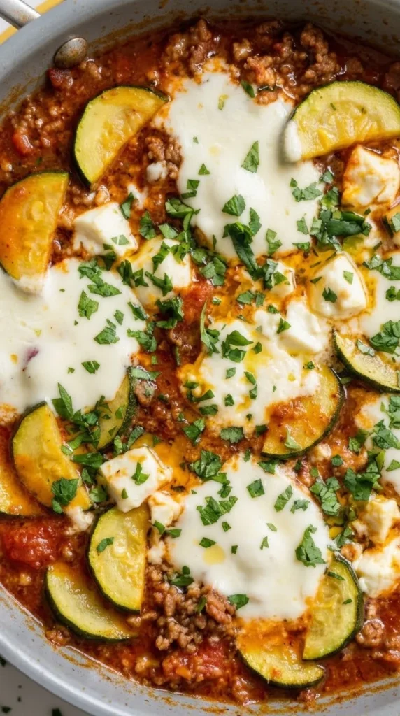 Nahaufnahme von Zucchini-Hackfleisch-Pfanne — Sämige Tomatensauce mit zerkrümeltem, schmelzendem Schafskäse und Zucchini.