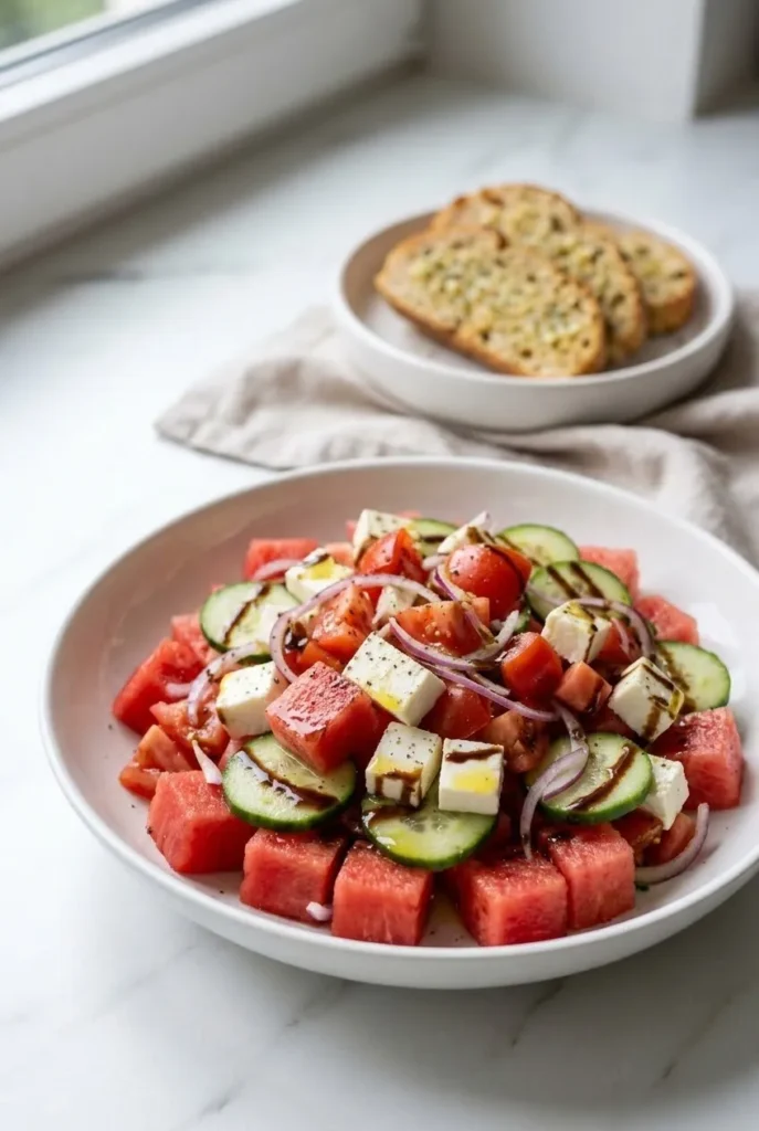Wassermelonensalat mit Feta serviert mit Low-Carb-Knoblauchbrot — Leichtes Sommerszenario auf feinem Marmor