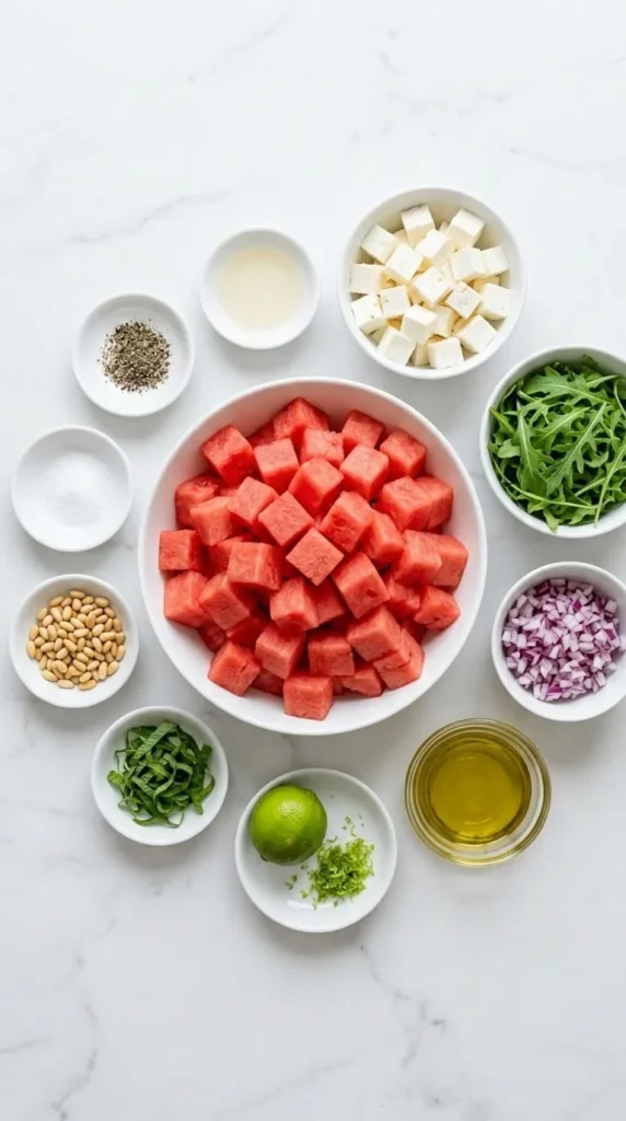 Zutaten für Wassermelonensalat mit Feta: Rote Wassermelone, Schafskäse, frischer Rucola und eine rote Zwiebel