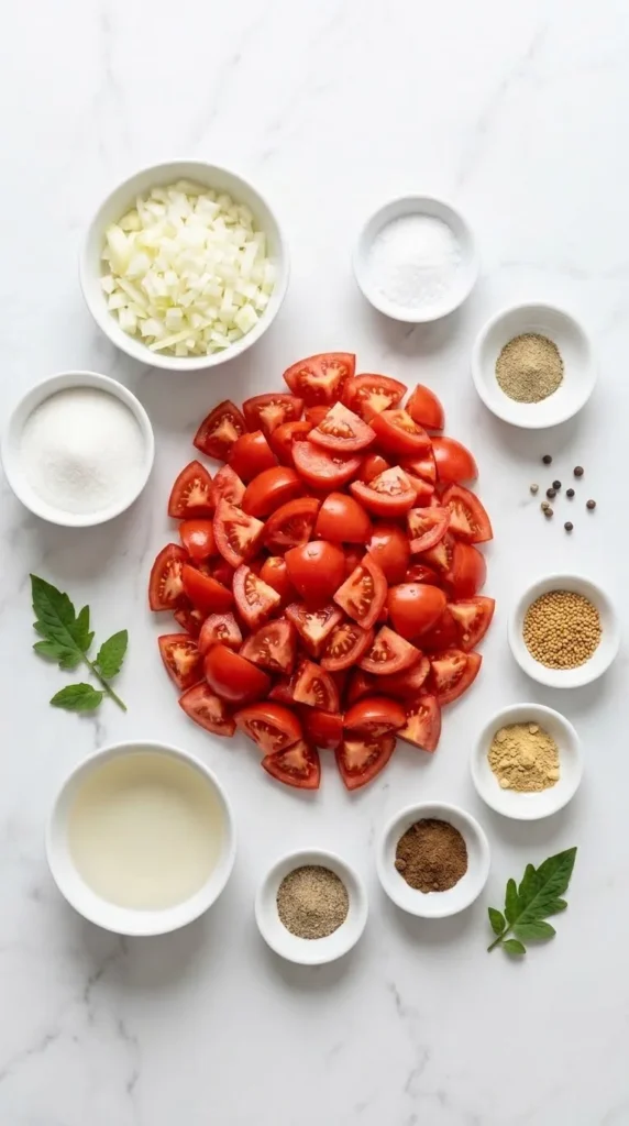 Zutaten für Selbst gemachter Ketchup: Zwei Kilogramm reife Tomaten, Zwiebeln, Weinessig und gemahlener Piment