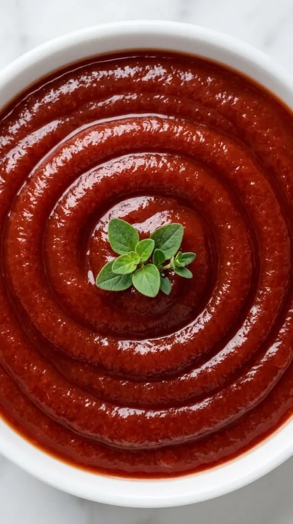 Nahaufnahme von selbst gemachter Ketchup — Glänzende, perfekt glatte Textur der eingekochten Tomatensauce