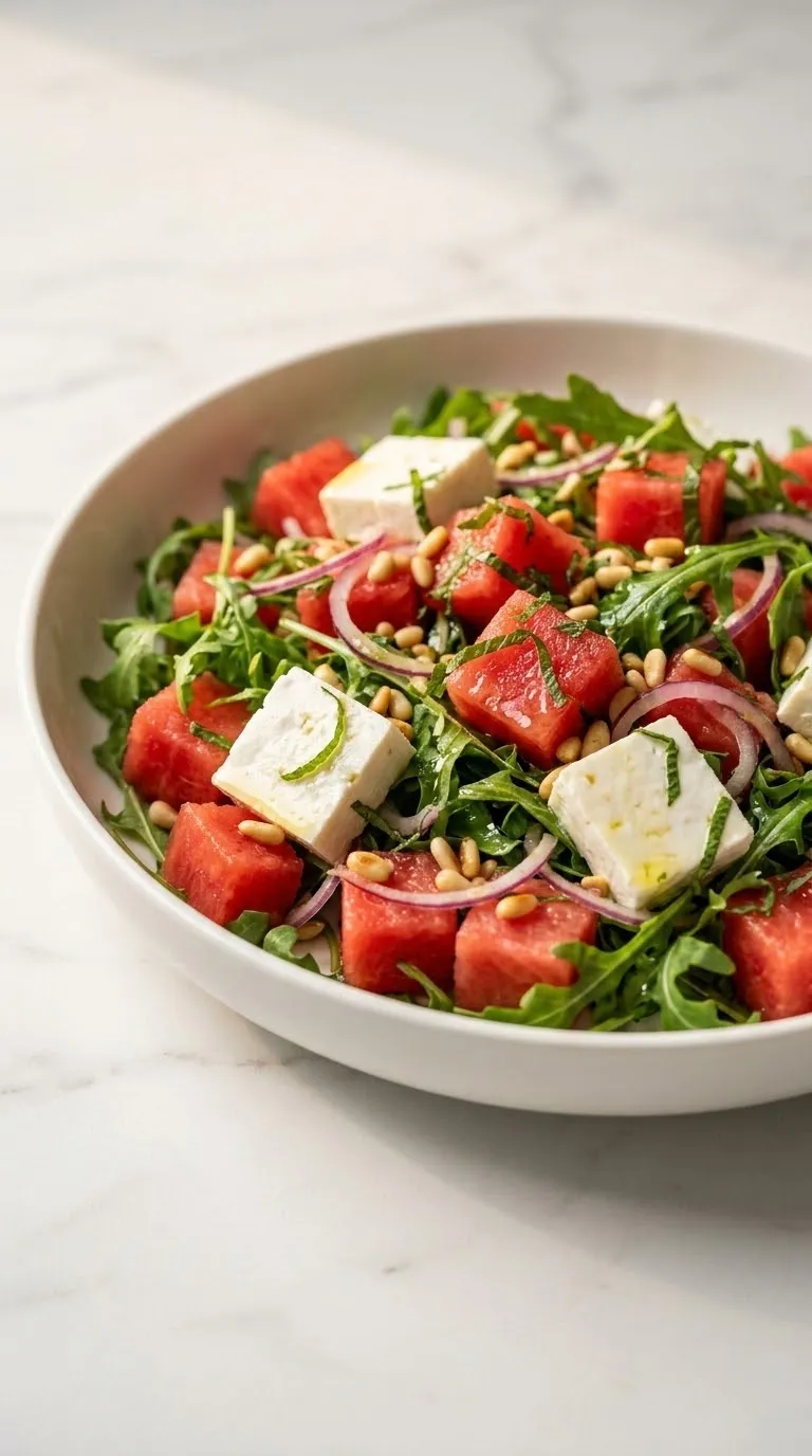 Wassermelonensalat mit Feta aus der Froschperspektive — Farbenfroher, saftiger Saisonsalat in Nahaufnahme