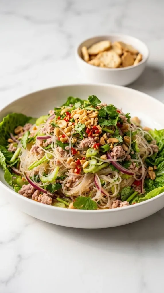 Thai-Glasnudelsalat serviert mit Low-Carb Cracker — Exotischer lauwarmer Salat ansprechend auf weißem Marmor präsentiert