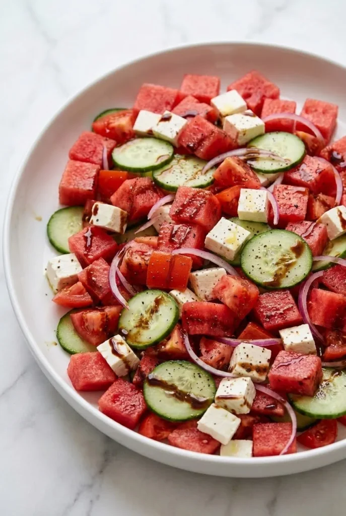 Nahaufnahme von Wassermelonensalat mit Feta — Saftige Fruchttextur und cremiger Käse mit Balsamico-Spuren