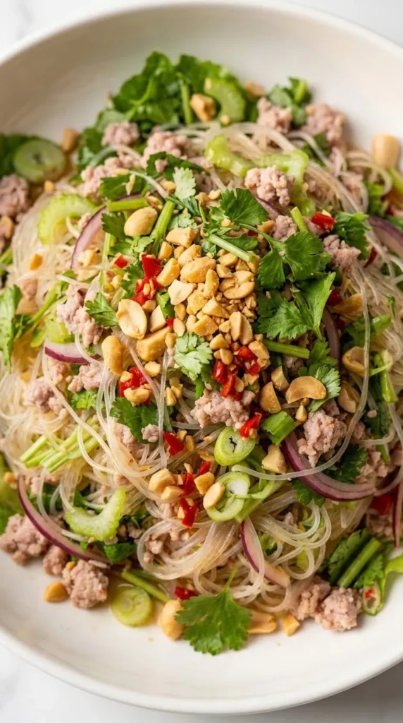 Nahaufnahme von Thai-Glasnudelsalat — Detailansicht der gläsernen Nudeln mit feinen Fleischkrümeln und gehackten Nüssen