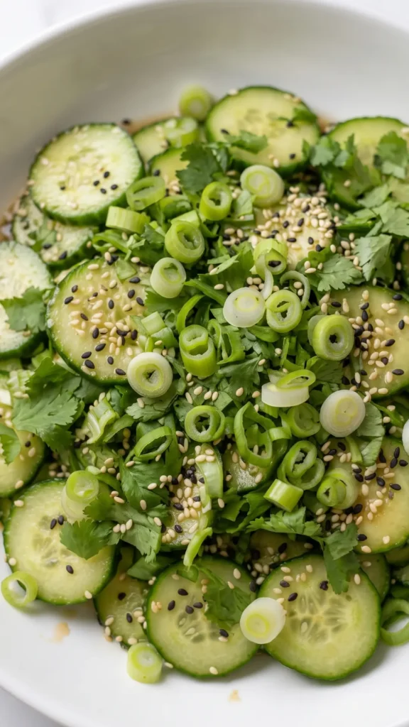 Nahaufnahme von Asiatischer Gurkensalat Keto — glänzendes Soja-Sesam-Dressing