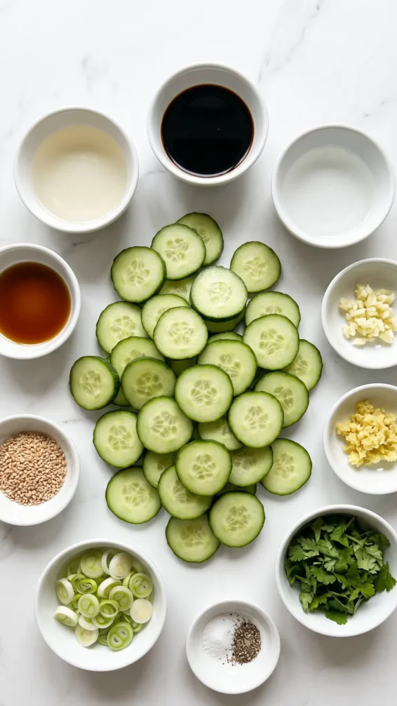 Zutaten für Asiatischer Gurkensalat Keto: Salatgurken, Sojasauce und Sesamöl