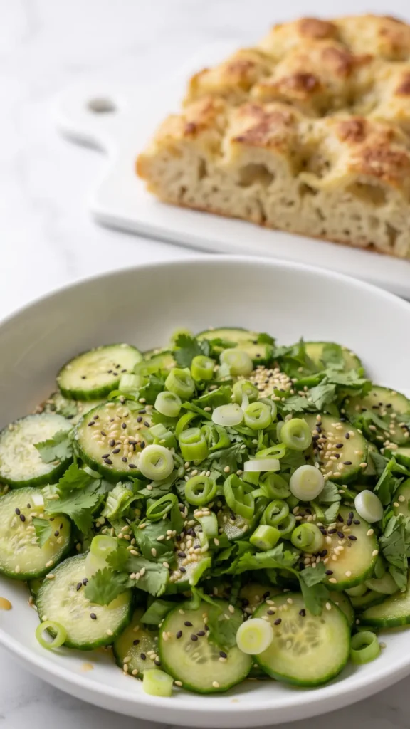 Asiatischer Gurkensalat Keto serviert mit Keto-Knoblauchbrot frisch aus dem Ofen — frisches Arrangement