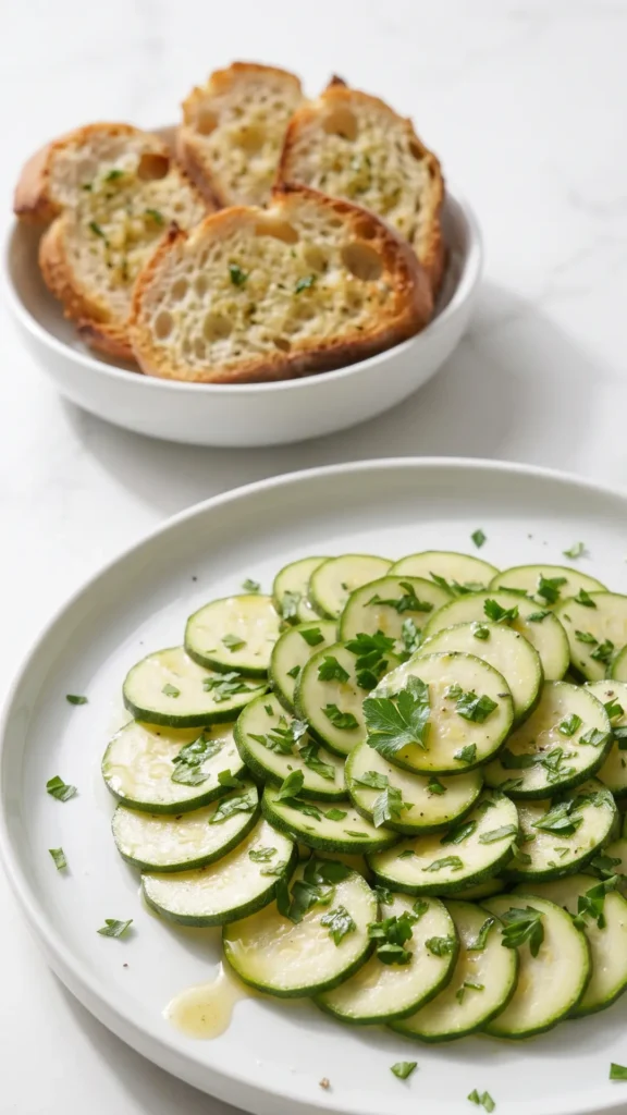 Einfacher Keto Zucchinisalat serviert mit Keto-Knoblauchbrot — leichte Low-Carb Beilage