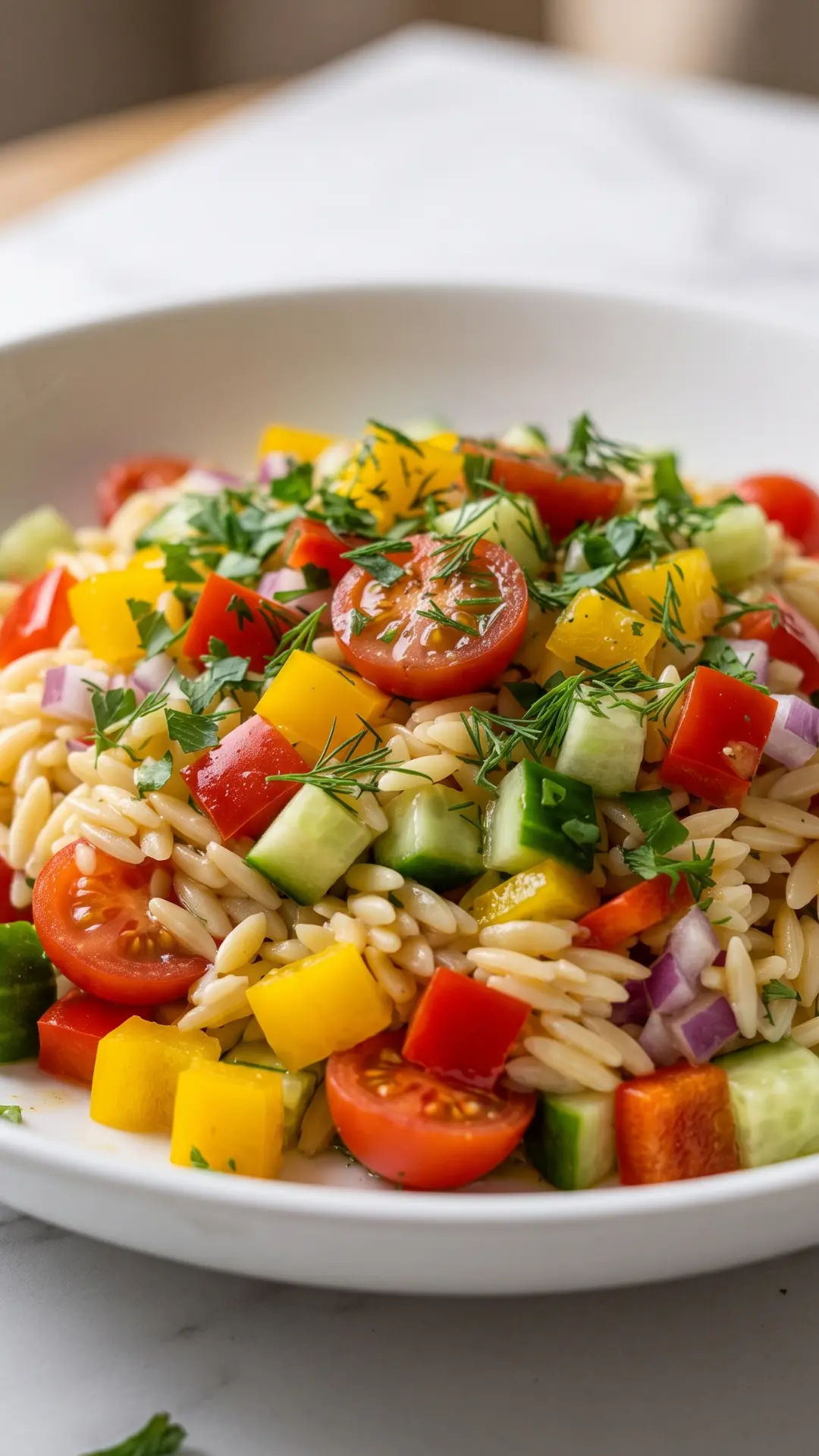 Frischer Orzo Salat mit Gurke, Paprika & Kräutern (Keto-Style)