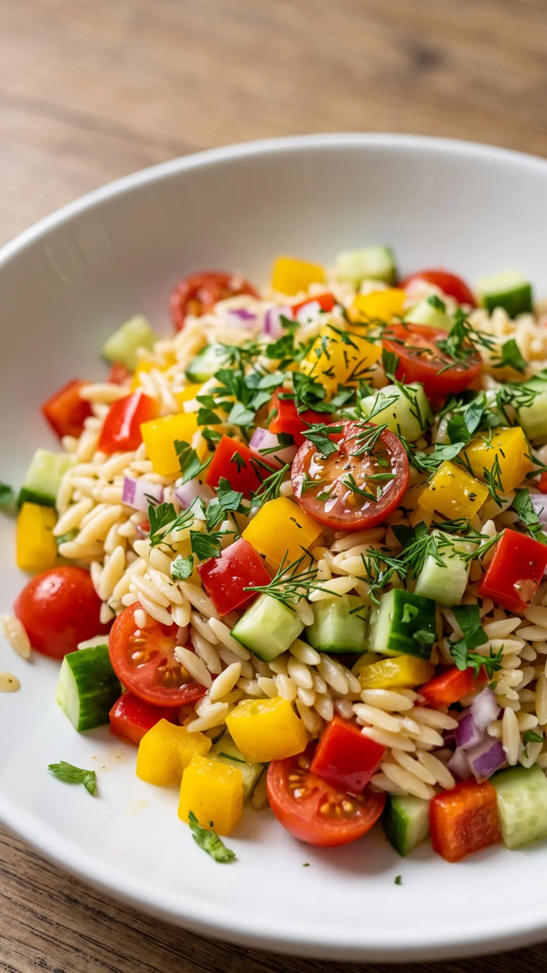 Frischer Orzo Salat mit Gurke, Paprika & Kräutern (Keto-Style) kohlenhydratarm — buntest Gemüse und Kräuter