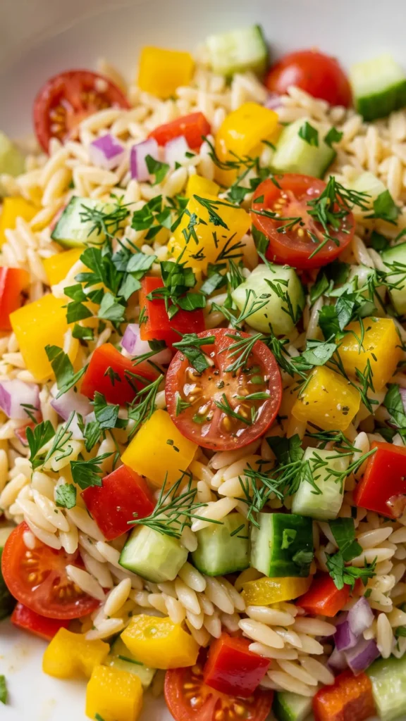 Nahaufnahme von Frischer Orzo Salat mit Gurke, Paprika & Kräutern (Keto-Style) — glänzendes Zitronen-Dressing auf Orzo