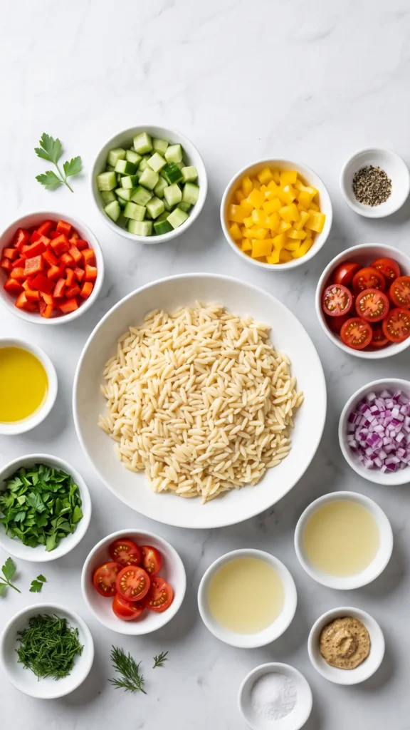 Zutaten für Frischer Orzo Salat mit Gurke, Paprika & Kräutern (Keto-Style): Orzo, Gurke und Cherrytomaten