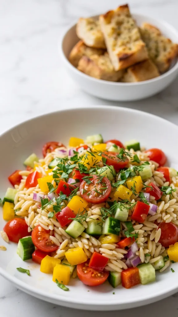 Frischer Orzo Salat mit Gurke, Paprika & Kräutern (Keto-Style) serviert mit Keto-Knoblauchbrot — in weißer Schüssel