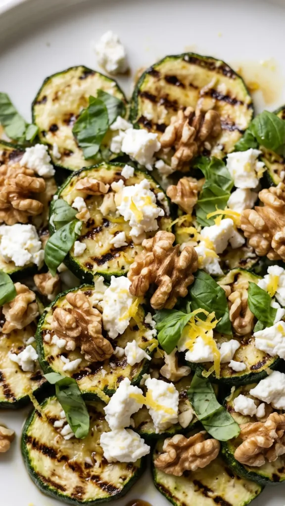 Nahaufnahme von Gegrilltem Keto Zucchinisalat — Grillstreifen, zerbröselter Feta und Knusperwalnüsse