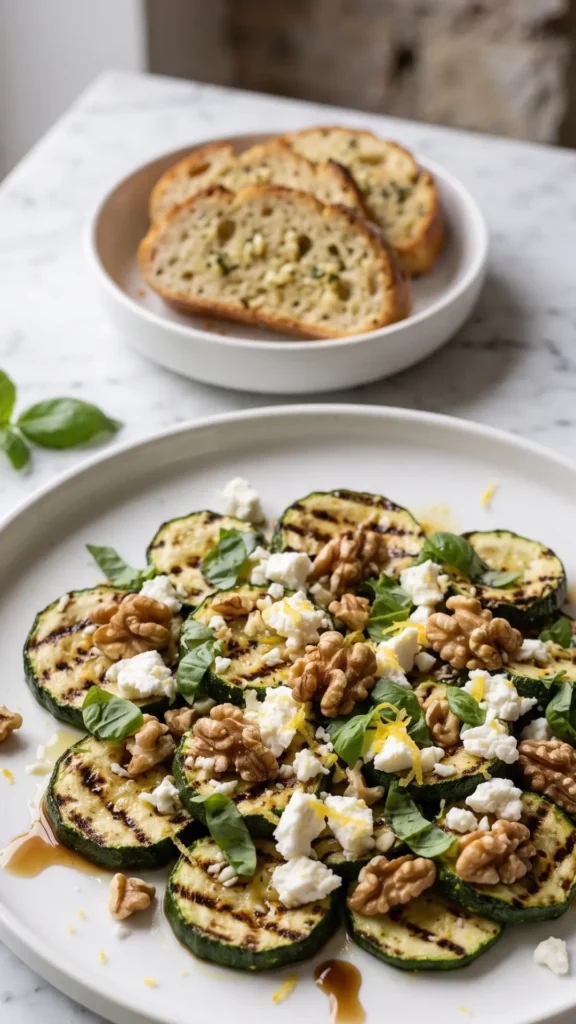 Gegrillter Keto Zucchinisalat serviert mit Keto-Knoblauchbrot — feines Sommergericht