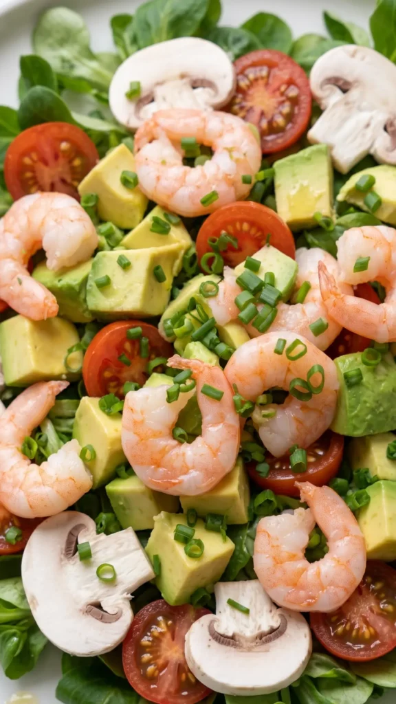 Nahaufnahme von Keto Avocado-Garnelen-Salat — zarte Eismeer-Garnelen, Avocado und frische Champignons
