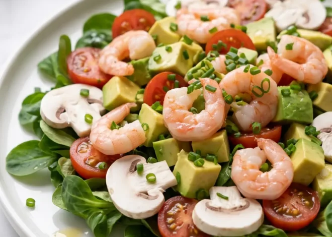 Keto Avocado-Garnelen-Salat mit Vogerlsalat und Champignons