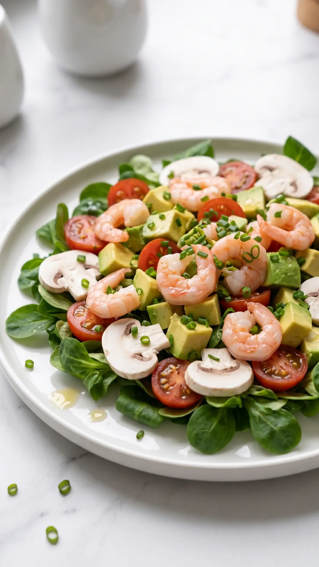 Keto Avocado-Garnelen-Salat mit Vogerlsalat und Champignons