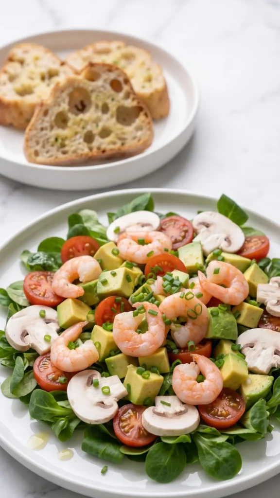 Keto Avocado-Garnelen-Salat serviert mit Keto-Knoblauchbrot — kulinarischer Low-Carb Genuss