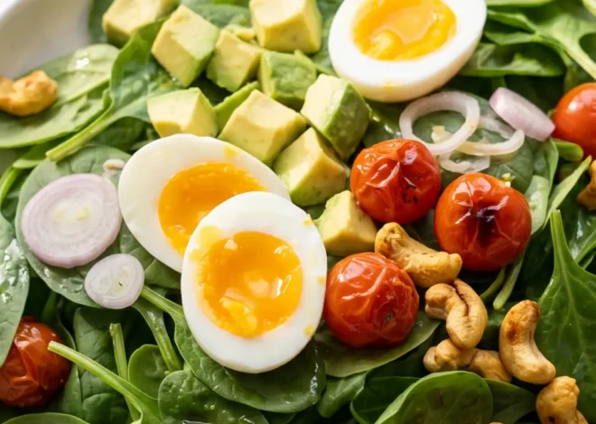 Frischer Keto Spinatsalat mit Avocado, Ei und Cashews