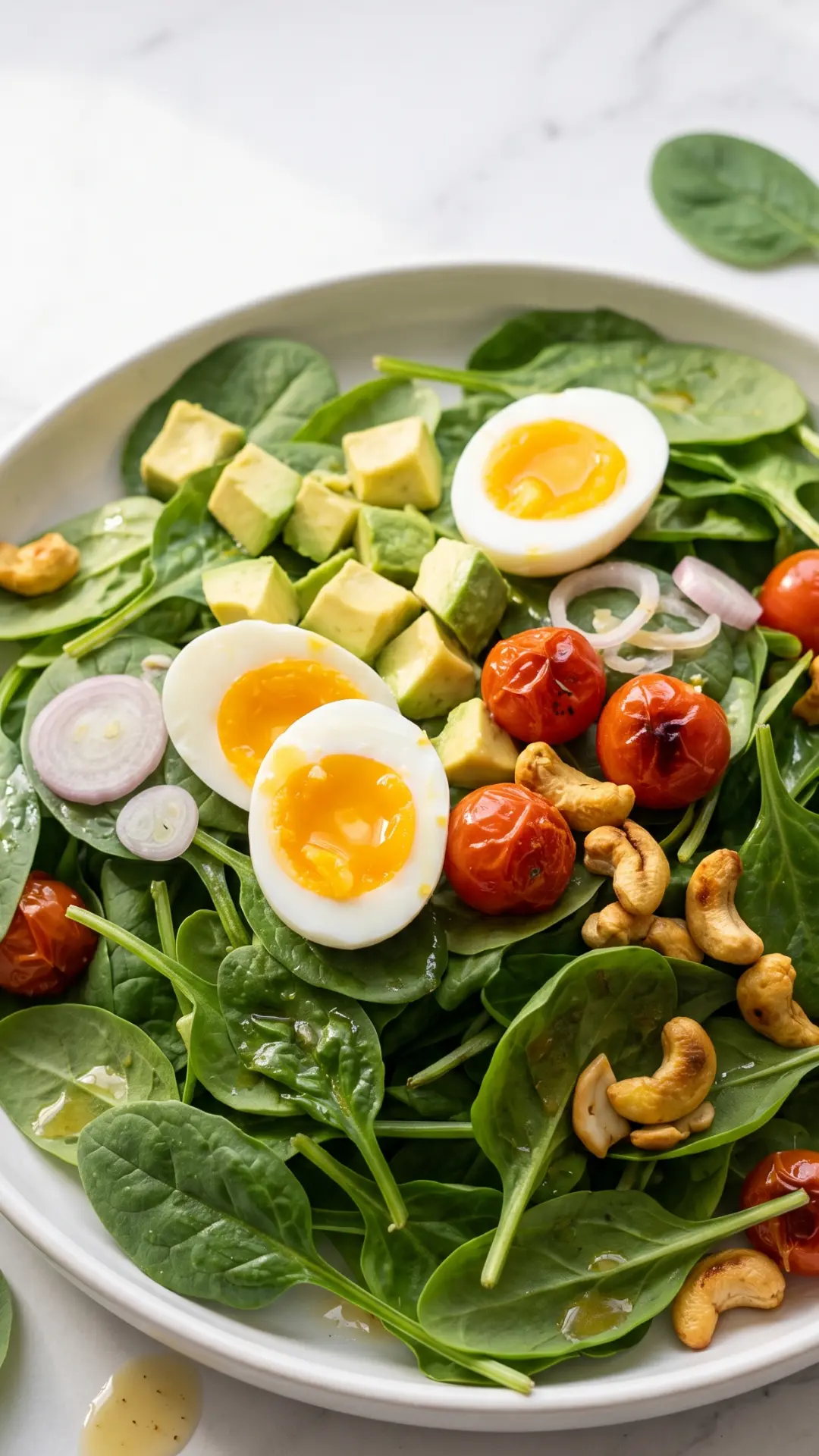 Frischer Keto Spinatsalat mit Avocado, Ei und Cashews