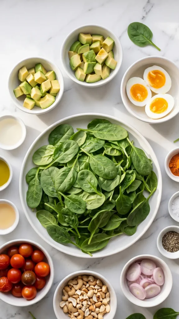 Zutaten für Frischer Keto Spinatsalat: Baby-Spinat, Avocado, Eier, Tomaten und Cashews