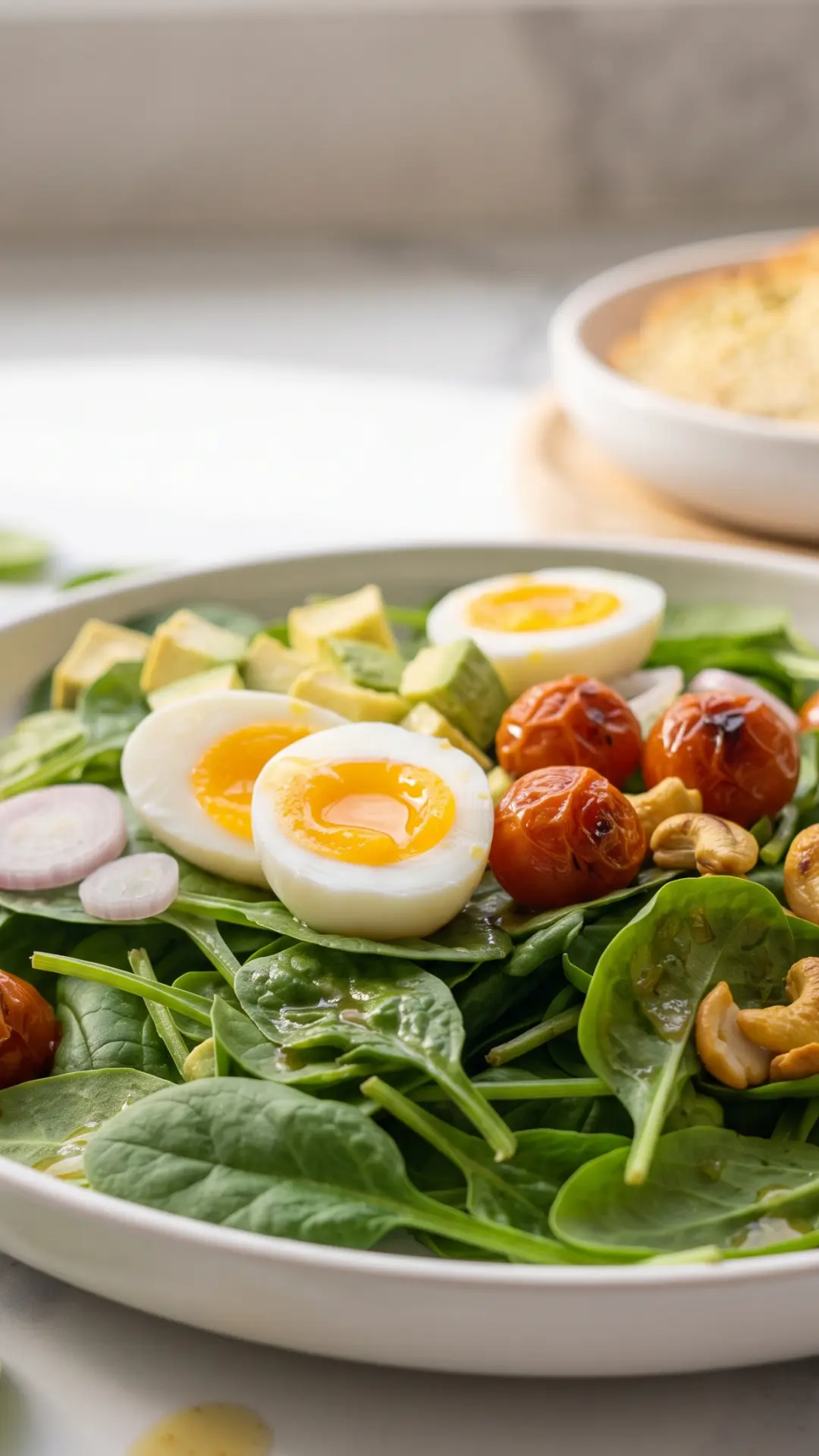 Frischer Keto Spinatsalat mit Avocado, Ei und Cashews — bunter Low-Carb Salat