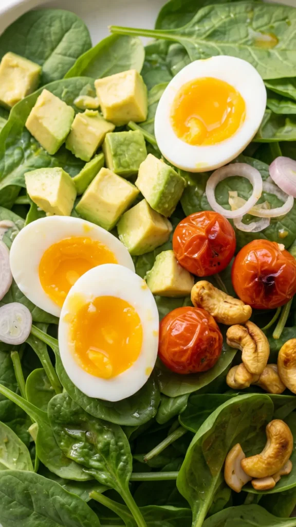 Nahaufnahme von Keto Spinatsalat — cremiges Eigelb, Avocado und knusprige Cashews