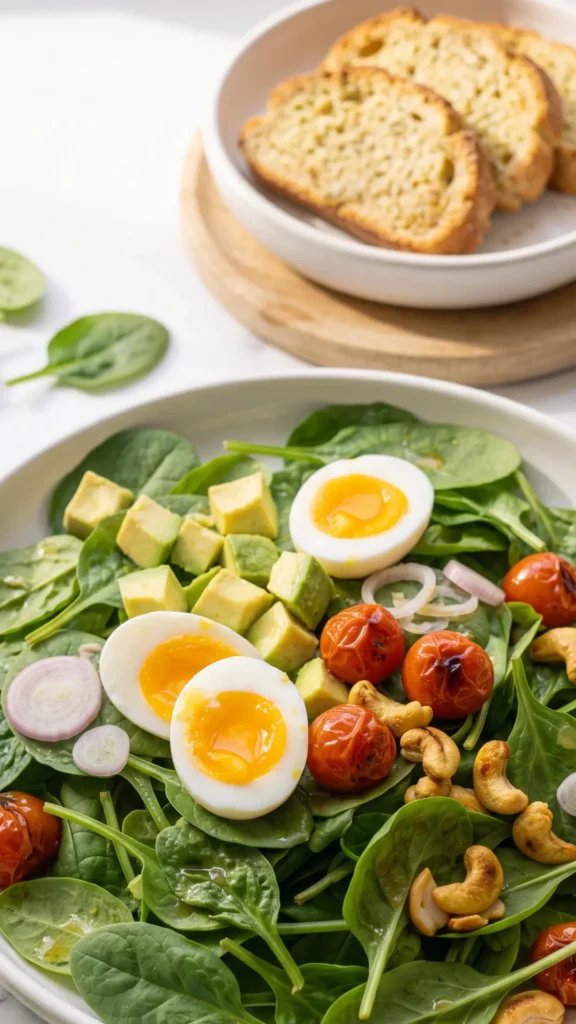 Keto Spinatsalat serviert mit Keto-Knoblauchbrot — nährstoffreiche Hauptspeise