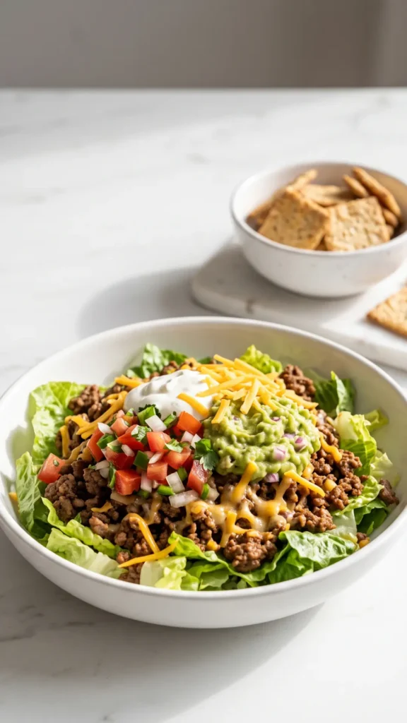 Keto Taco Salad mit Hackfleisch, Guacamole & Salsa serviert mit Low-Carb Cracker — in flacher Schüssel