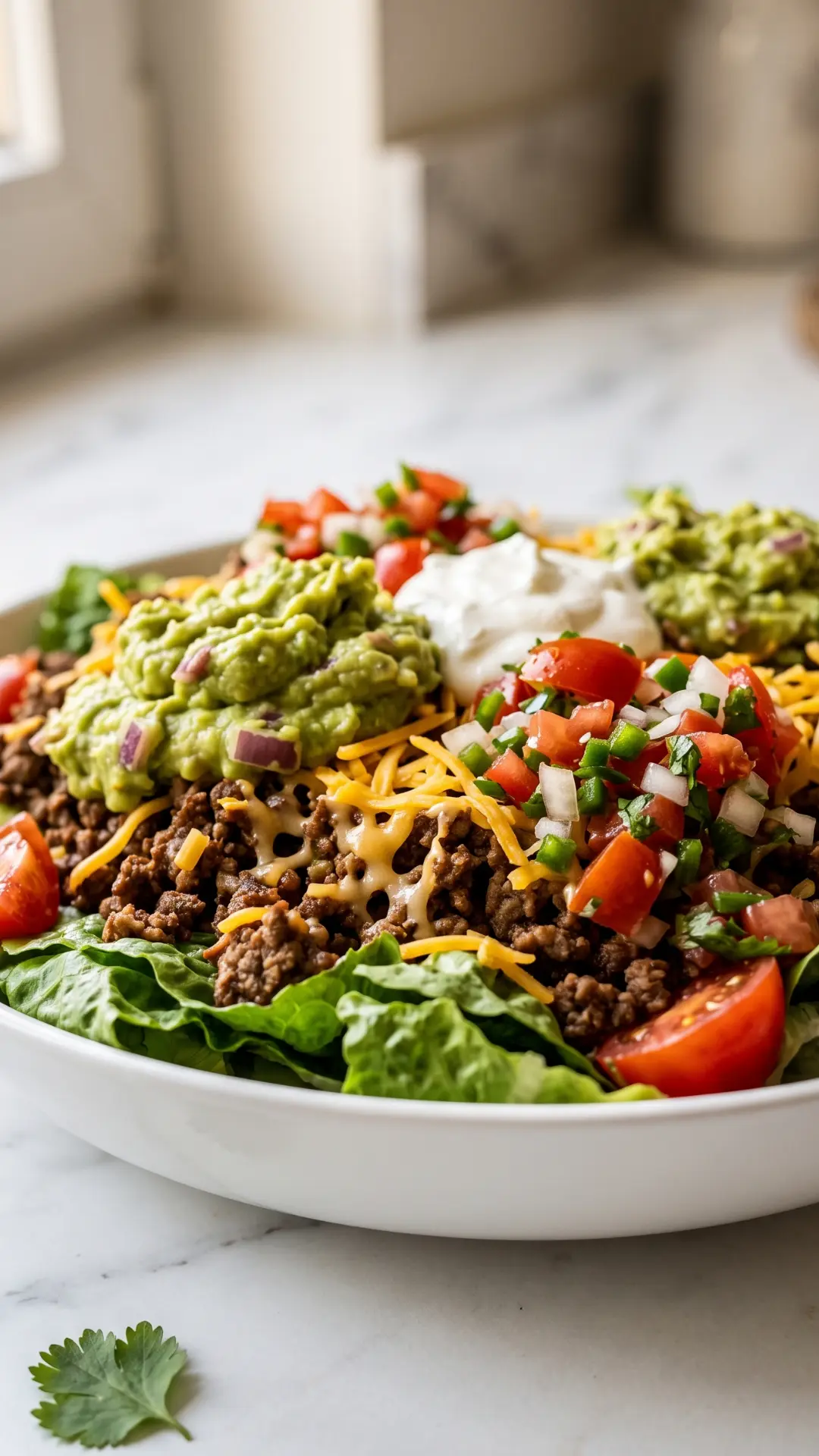 Keto Taco Salad mit Hackfleisch, Guacamole & Salsa kohlenhydratarm — frischer Römersalat mit Hackfleisch