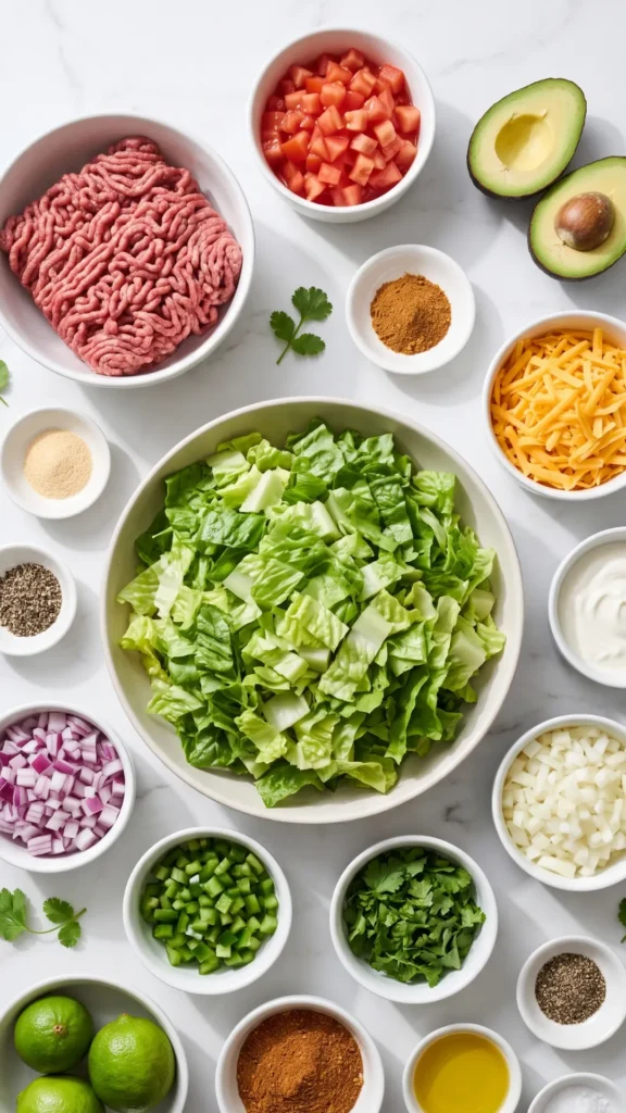 Zutaten für Keto Taco Salad mit Hackfleisch, Guacamole & Salsa: Rinderhackfleisch, Avocados und Römersalat