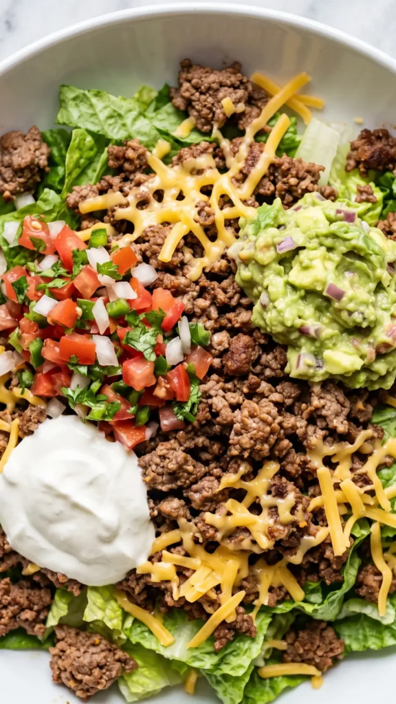 Nahaufnahme von Keto Taco Salad mit Hackfleisch, Guacamole & Salsa — cremige Guacamole auf würzigem Hackfleisch