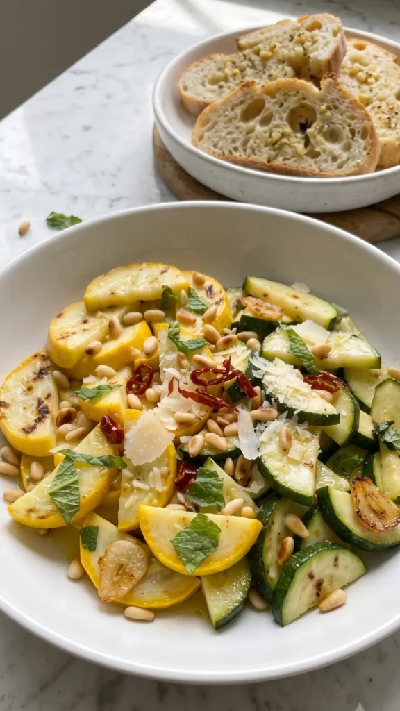 Lauwarmer Keto Zucchinisalat serviert mit Keto-Knoblauchbrot — aromatisches Low-Carb Gericht
