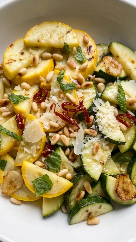 Nahaufnahme von Lauwarmem Keto Zucchinisalat — gelbe und grüne Zucchini mit Parmesan und Pinienkernen
