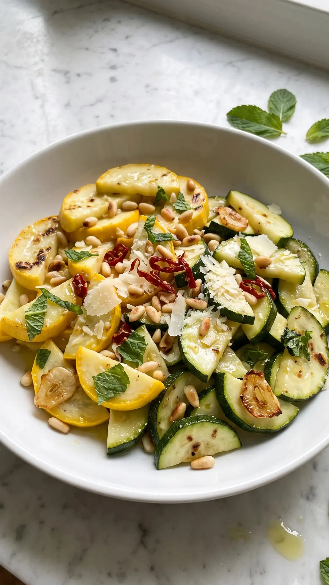 Lauwarmer Keto Zucchinisalat mit Minze und Pinienkernen — sommerliches Low-Carb Gericht