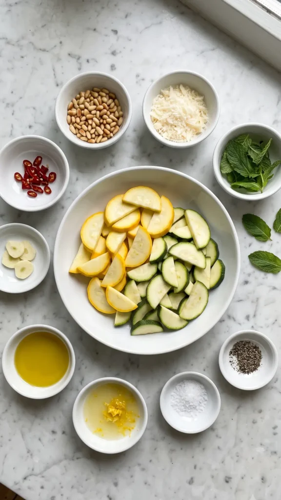Zutaten für Lauwarmer Keto Zucchinisalat: Gelbe und grüne Zucchini, Pinienkerne, Parmesan, Minze und Chilischote