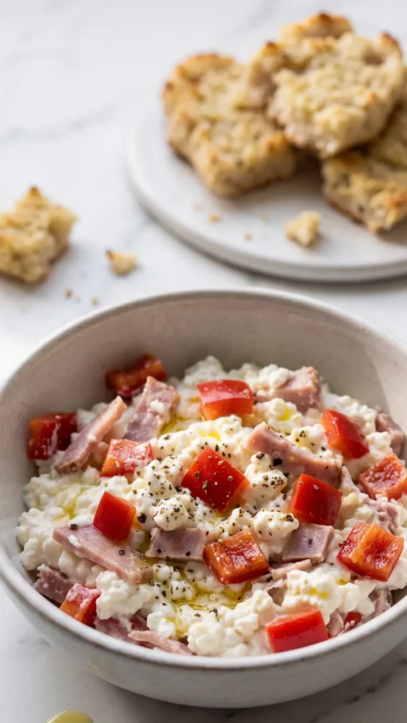 Low-Carb Hüttenkäse Salat serviert mit Keto-Knoblauchbrot — schnelle proteinreiche Mahlzeit