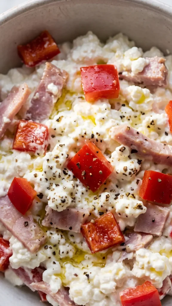 Nahaufnahme von Low-Carb Hüttenkäse Salat — körniger Frischkäse mit Schinken und Paprika