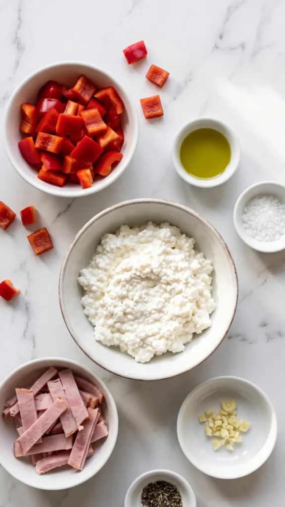 Zutaten für Schneller Low-Carb Hüttenkäse Salat: Hüttenkäse, rote Paprika, Kochschinken und Olivenöl