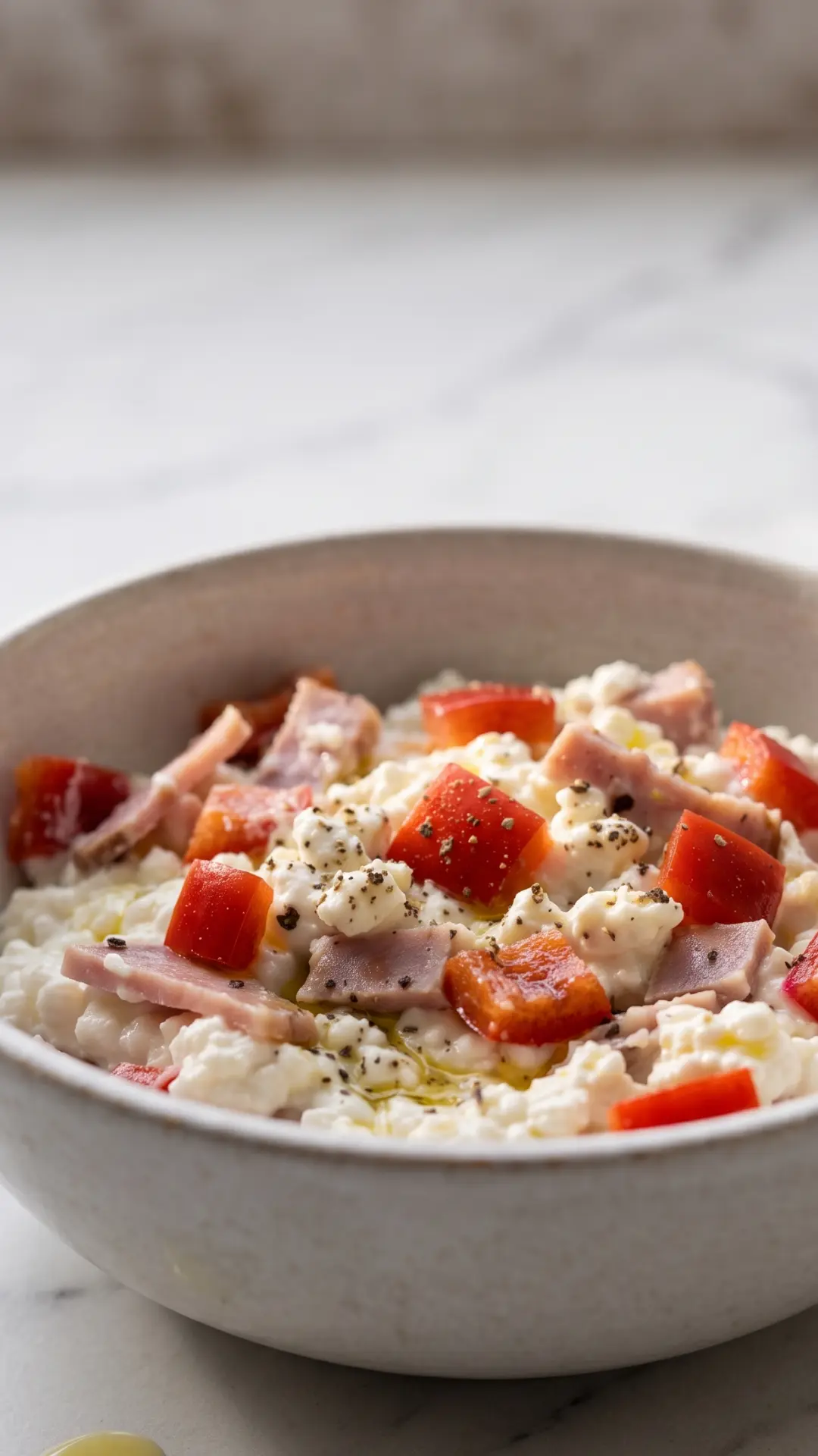 Schneller Low-Carb Hüttenkäse Salat mit Kochschinken — Eiweißreicher Salat mit Paprika